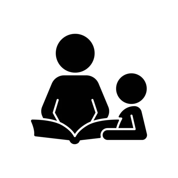 Leesboek Met Kind Zwart Glyph Icoon Samen Tijd Doorbrengen Cognitieve — Stockvector