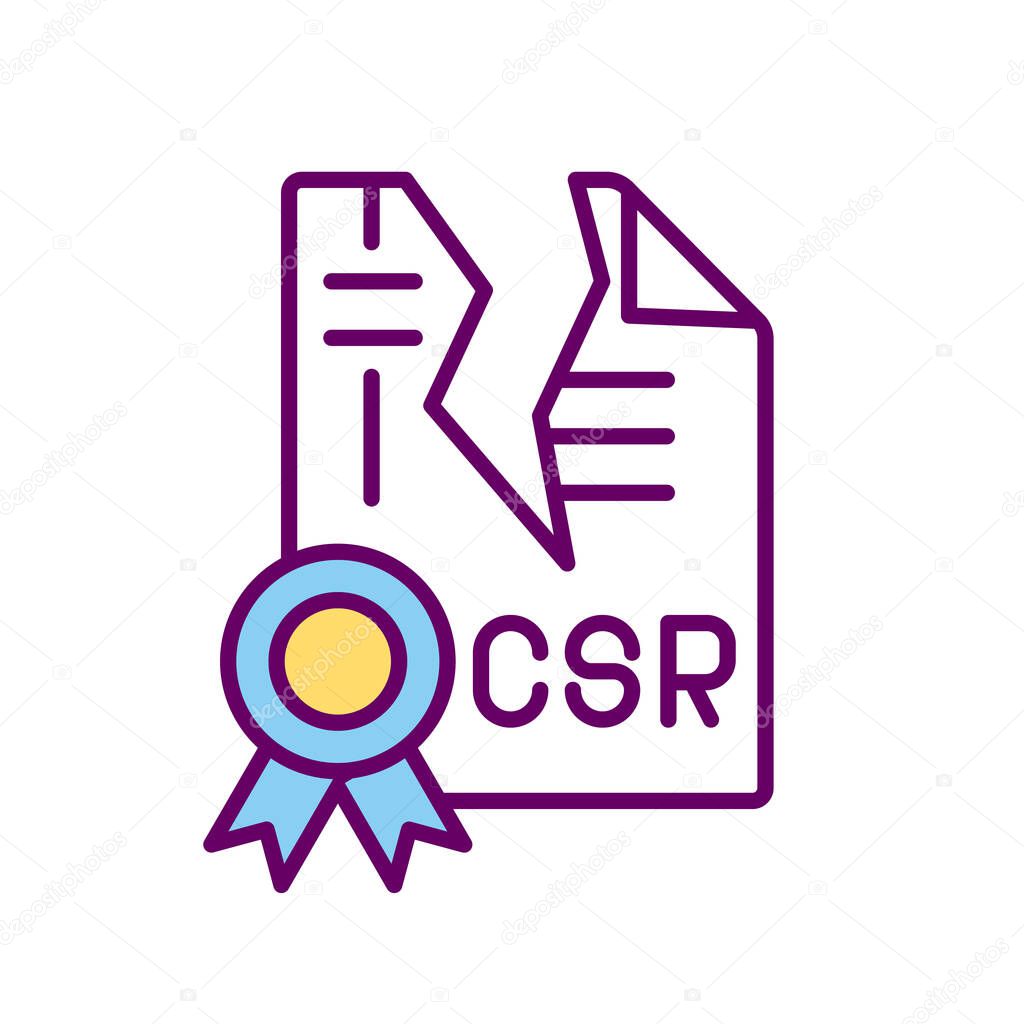 Corporate social responsibility violation RGB color icon. Official document. CSR provision contravention. Company liability. Isolated vector illustration. Simple filled line drawing