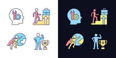 Çalışma ışığı ve koyu temalı RGB renk simgeleri ayarlandı. Yetki motivasyonu. Rüyanda iş terfisi gör. Beyaz ve siyah uzayda izole vektör çizimleri. Basit çizgi çizimleri paketi