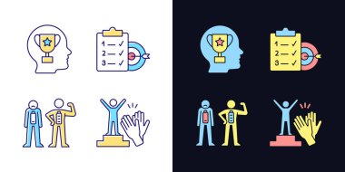 İçsel motivasyon ışığı ve koyu temalı RGB renk simgeleri ayarlandı. Motive olduğunda daha iyi bir ruh hali. Beyaz ve siyah uzayda izole vektör çizimleri. Basit çizgi çizimleri paketi