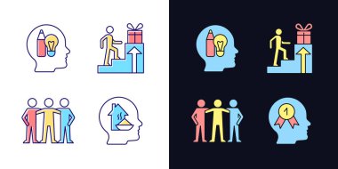 Motivasyon artırıcılar açık ve koyu temalı RGB renk simgeleri ayarlandı. Temel ihtiyaçlar. Topluma ait olma arzusu. Beyaz ve siyah uzayda izole vektör çizimleri. Basit çizgi çizimleri paketi