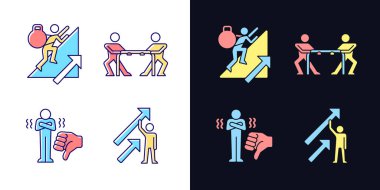 Motivasyon komplikasyonları ve sonuçlar açık ve koyu temalı RGB renk simgeleri ayarlandı. Pozitif dinamik. Eleştiri. Beyaz ve siyah uzayda izole vektör çizimleri. Basit çizgi çizimleri paketi