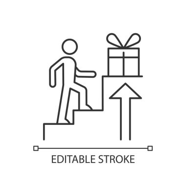Ödül temelli motivasyon doğrusal simgesi. Dışarıdan teşvik. Birisini harekete geçirmek ve teşvik etmek için iyi bir yol. İnce çizgi özelleştirilebilir illüstrasyon. Contour sembolü. Vektör izole çizim. Düzenlenebilir vuruş
