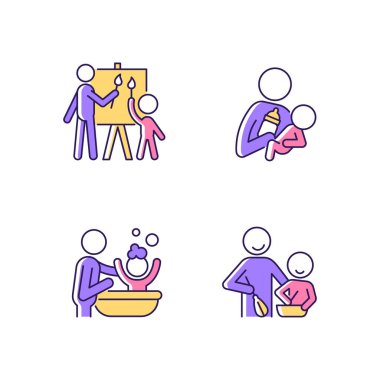 Veli-çocuk bağlama RGB renk simgeleri ayarlandı. Birlikte resim yapmak. Şişeyle beslenme. Banyo yapan çocuk. Yemek kursu. Cilt teması. İzole vektör çizimleri. Basit çizgi çizimleri koleksiyonu