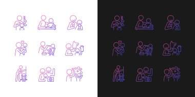 Karanlık ve aydınlık mod için etkinlik simgeleri oluşturuluyor. Saç örüyorum. Ödevlerine yardım et. İnce çizgili sembol demetleri. Siyah ve beyaz üzerine izole vektör ana hatları koleksiyonu