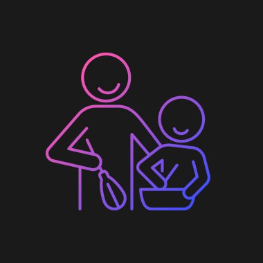 Karanlık tema için çocuk gradyan vektör ikonu ile yemek pişirmek. Aile geleneği yaratmak. Birlikte yemek hazırlıyoruz. İnce çizgi renk sembolü. Modern tarz pictogram. Vektör izole çizimi