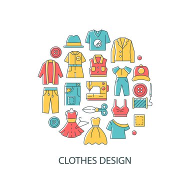 Kıyafetler, manşetli soyut renk düzeni tasarlıyor. Tasarımcı kıyafetlerle çalışır. Hobi ve zanaat. Needlecraft 'ın yaratıcı fikri. Web arkaplanı için izole edilmiş vektör kontur simgeleri