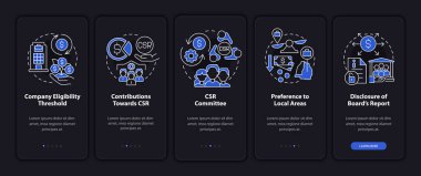 Mobil uygulama ekranında kurumsal sosyal sorumluluk temelleri var. Kavramlarla birlikte 5 aşamalı grafik talimatlar. UI, UX, doğrusal gece kipi çizimleri ile GUI vektör şablonu