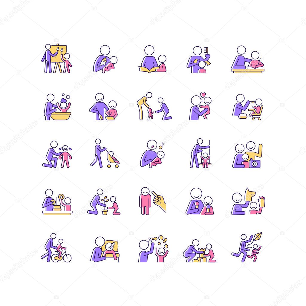 Parent and child interaction RGB color icons set. Building emotional closeness. Bonding activity. Fun family togetherness time. Isolated vector illustrations. Simple filled line drawings collection