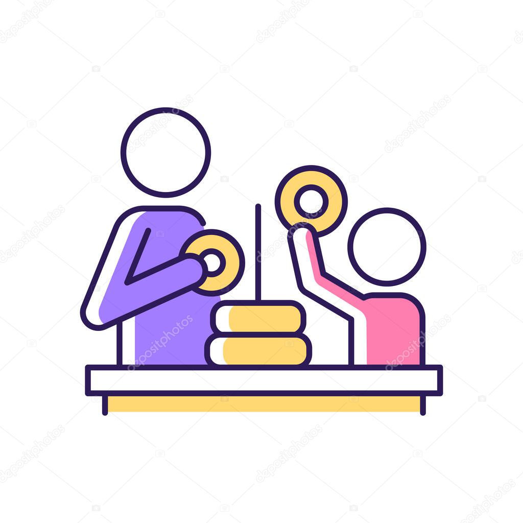 Playing games with kid RGB color icon. Engaging toddler in fun activities. Child imagination and creativity development. Motor skills building. Isolated vector illustration. Simple filled line drawing