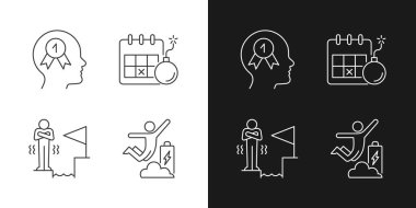 Karanlık ve aydınlık moduna ayarlanmış doğrusal simgeleri kazanma motivasyonu. Motivasyondan dolayı enerji artıyor. Özelleştirilebilir ince çizgi sembolleri. İzole vektör çizimi çizimleri. Düzenlenebilir vuruş