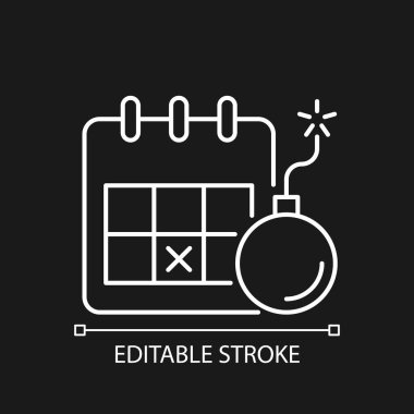 Karanlık tema için son teslim tarihi olan beyaz doğrusal simge toplanıyor. Zaman aralığında görevi tamamla. İnce çizgi özelleştirilebilir illüstrasyon. Gece modu için izole vektör kontur sembolü. Düzenlenebilir vuruş