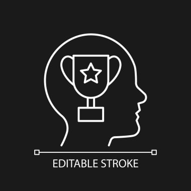 Koyu tema için başarı motivasyonu beyaz doğrusal simgesi. İnsanın bir şeyde başarılı olması gerekir. İnce çizgi özelleştirilebilir illüstrasyon. Gece modu için izole vektör kontur sembolü. Düzenlenebilir vuruş