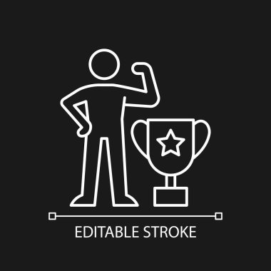 Karanlık tema için güç temelli motivasyon beyaz doğrusal simgesi. İnsanları kontrol etmek. Liderlik. İnce çizgi özelleştirilebilir illüstrasyon. Gece modu için izole vektör kontur sembolü. Düzenlenebilir vuruş