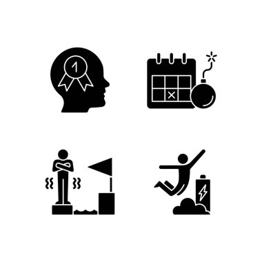 Beyaz uzayda siyah kabartma simgeleri kazanma motivasyonu. Zafer arzusu. Motivasyondan dolayı enerji artıyor. Kaybetme korkusu. Son teslim tarihi. Siluet sembolleri. Vektör izole illüstrasyonu