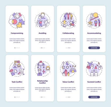 Mobil uygulama ekranında çatışma yönetimi var. İş ilişkileri kavramlarla birlikte dört aşamalı grafik talimatları gözden geçirir. UI, UX, doğrusal renk çizimleri olan GUI vektör şablonu