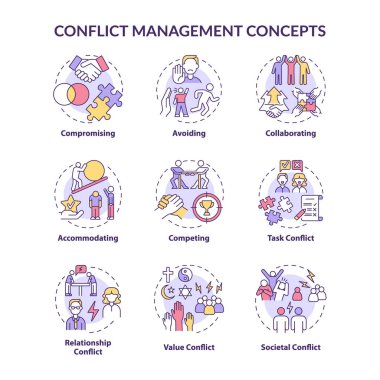 Çatışma yönetim konsepti simgeleri ayarlandı. İlişki sorunları çözülüyor. İş ilişkileri. Takım argümanlarını çözme fikri ince çizgi renk çizimleri. Vektör izole çizimler. Düzenlenebilir vuruş