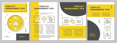 Çatışma yönetimi sarı broşür tüyoları veriyor. İnsan ilişkileri. Broşür, broşür, broşür baskısı, doğrusal simgelerle kaplama tasarımı. Sunum için vektör düzenleri, yıllık raporlar, reklam sayfaları