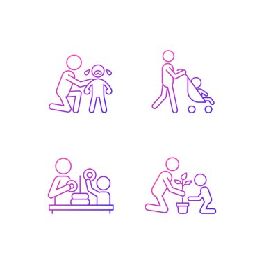 Ebeveyn katılımı gradyan doğrusal vektör simgeleri ayarlandı. Rahatlatıcı ağlayan çocuk. Bebek arabasıyla yürüyorum. Çiçek ekiyorum. İnce çizgili sembol demetleri. İzole edilmiş taslak illüstrasyon koleksiyonu