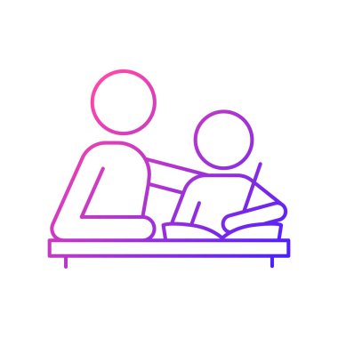 Ev ödevi gradyan doğrusal vektör simgesine yardım ediyorum. Övgü dolu, çocuğu eğitime teşvik eden. Ebeveyn müdahalesi. İnce çizgi renk sembolü. Modern tarz pictogram. Vektör izole çizimi