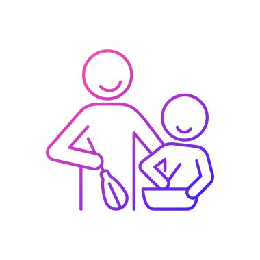 Çocuk gradyan doğrusal vektör ikonu ile yemek pişirmek. Aile geleneği yaratmak. Birlikte yemek hazırlıyoruz. Yemek kursu. İnce çizgi renk sembolü. Modern tarz pictogram. Vektör izole çizimi