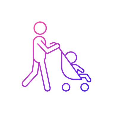 Bebek arabasının gradyan doğrusal vektör simgesi ile yürüyorum. Yenidoğan ile erken yakınlaşma zamanı. Bebek arabasıyla yürü. İnce çizgi renk sembolü. Modern tarz pictogram. Vektör izole çizimi