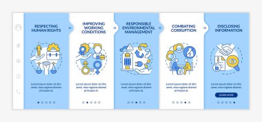 Şirketlerin sosyal sorumluluk sorunları vektör vektör şablonunda. Simgeli ilgili mobil web sitesi. Web sayfasında 5 basamaklı ekranlar. Doğrusal çizimler ile renk kavramı
