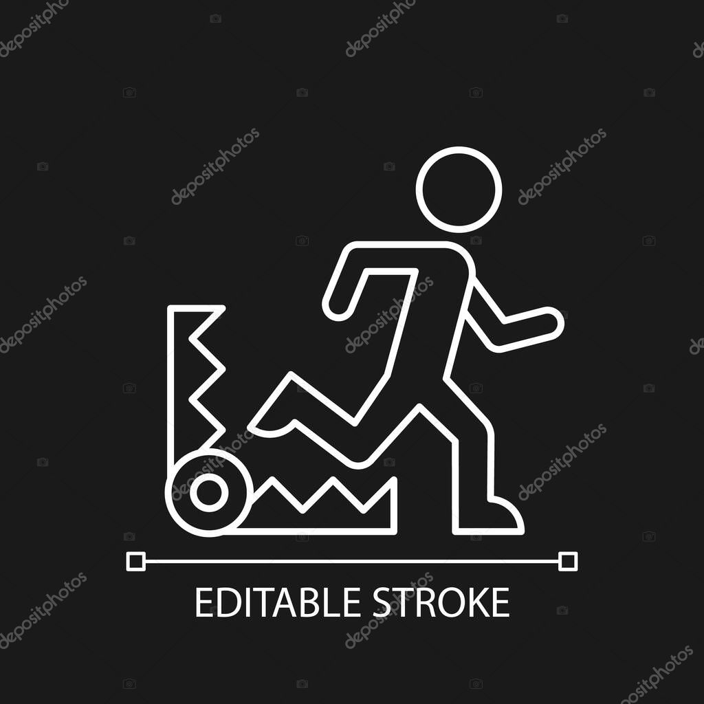 Fear based motivation white linear icon for dark theme. Fear of pain, discomfort. Negative impact. Thin line customizable illustration. Isolated vector contour symbol for night mode. Editable stroke