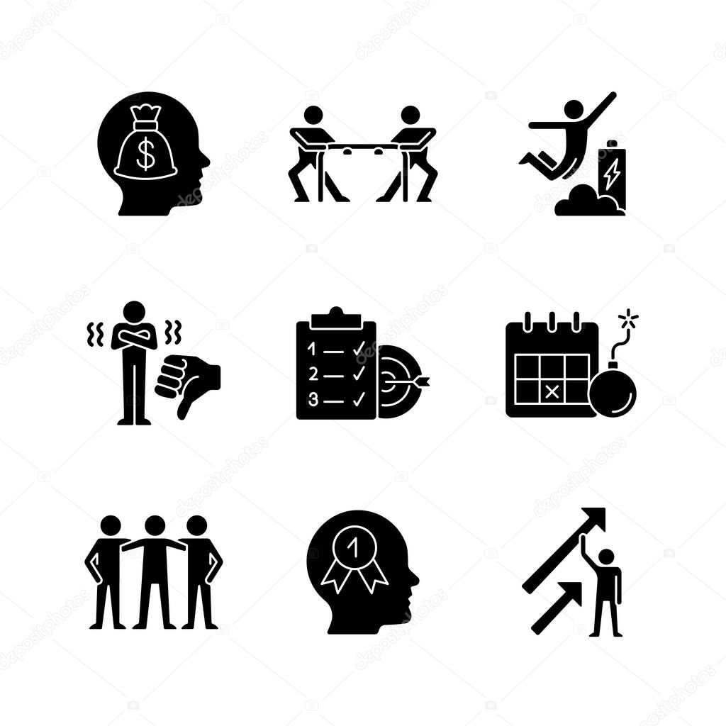 Motivation stimulus black glyph icons set on white space. Money reward. Desire to win. Positive dynamics. Team member. Goal achievement. Silhouette symbols. Vector isolated illustration