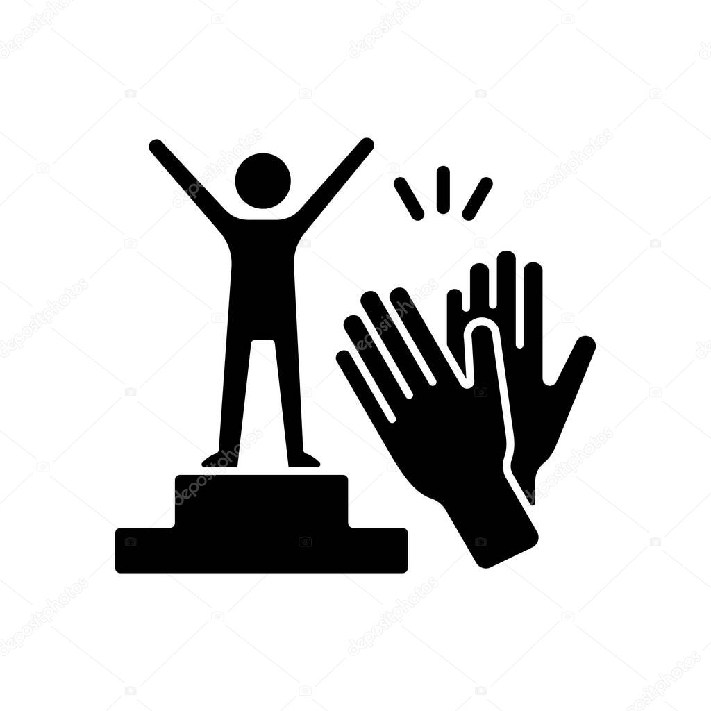 Recognition and approval motivation black glyph icon. Seeking for praise and appreciation. Extrinsic motivation. Employee engagement. Silhouette symbol on white space. Vector isolated illustration