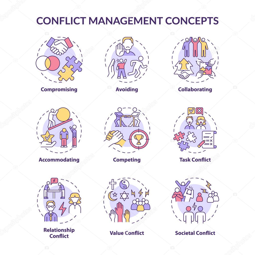 Conflict management concept icons set. Solving relationship issues. Work relations. Resolving team arguments idea thin line color illustrations. Vector isolated outline drawings. Editable stroke