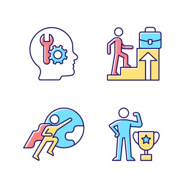 İşteki motivasyon RGB renk simgeleri ayarlandı. Yetkinlik ve davranış motivasyonu. İnsanlara liderlik etme arzusu. Rüyanda iş terfisi gör. İzole vektör çizimleri. Basit çizgi çizimleri koleksiyonu