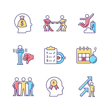 Motivasyon uyarıcısı RGB renk simgeleri ayarlandı. Para ödülü. Kazanma arzusu. Pozitif dinamik. Ekip üyesi. Gol başarısı. İzole vektör çizimleri. Basit çizgi çizimleri koleksiyonu