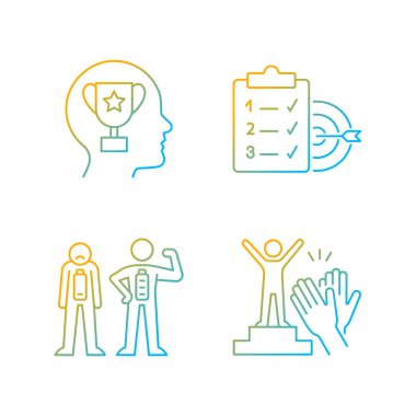 İçsel motivasyon gradyan doğrusal vektör simgeleri ayarlandı. Motive olduğunda daha iyi bir ruh hali. Tanınmaya ihtiyacım var. İnce çizgili sembol demetleri. İzole edilmiş taslak illüstrasyon koleksiyonu