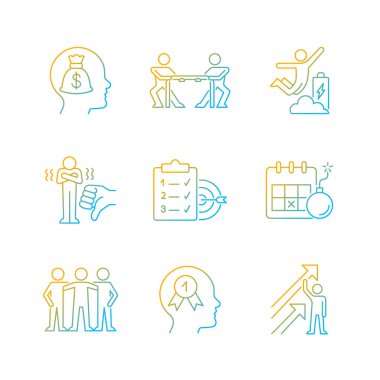 Motivasyon uyaranı gradyan doğrusal vektör simgeleri ayarlandı. Para ödülü. Pozitif dinamik. Ekip üyesi. Gol başarısı. İnce çizgili sembol demetleri. İzole edilmiş taslak illüstrasyon koleksiyonu