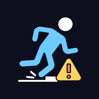 Koyu tema için tökezleme tehlikeleri RGB renk el yazısı simgesi simgesi. Gece modunda izole vektör çizimi. Ürün kullanımı talimatları için siyah üzerine basit çizgi çizimi