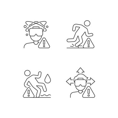 Sanal gerçeklik kulaklığı uyarısı doğrusal etiket simgeleri ayarlandı. Özelleştirilebilir ince çizgi şekilleri. Ürün kullanımı talimatları için izole vektör taslakları. Düzenlenebilir vuruş