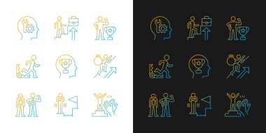 Güçlü motivasyon eğrisi simgeleri karanlık ve aydınlık mod için ayarlandı. Onaylanma ve tanınma arzusu. İnce çizgili sembol demetleri. Siyah ve beyaz üzerine izole vektör ana hatları koleksiyonu