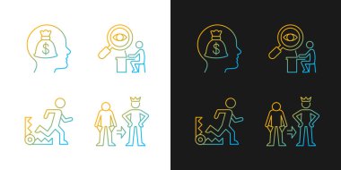 Karanlık ve aydınlık modu için dışsal motivasyon gradyan simgeleri ayarlandı. Para ödüllendirici. İnce çizgili sembol demetleri. Siyah ve beyaz üzerine izole vektör ana hatları koleksiyonu