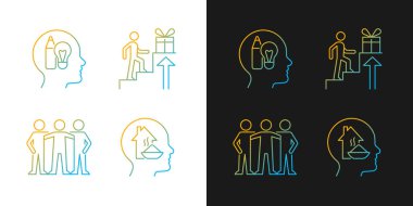 Motivasyon artırıcılar, karanlık ve aydınlık moduna ayarlı gradyan simgeleri. Topluma ait olma arzusu. İnce çizgili sembol demetleri. Siyah ve beyaz üzerine izole vektör ana hatları koleksiyonu