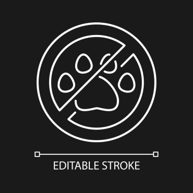 Karanlık tema için hayvanlardan uzak dur beyaz doğrusal el yazısı simgesi. İnce çizgi özelleştirilebilir illüstrasyon. Ürün kullanımı talimatları için gece modu için izole vektör kontur sembolü. Düzenlenebilir vuruş