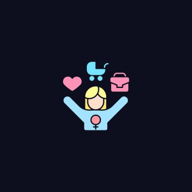 Koyu renk temalı kadın RGB renk simgesi için iş hayatı dengesi. Çifte standart. Tam zamanlı çalışan anne. Gece modunda izole vektör çizimi. Siyah üzerine basit çizgi çizimi