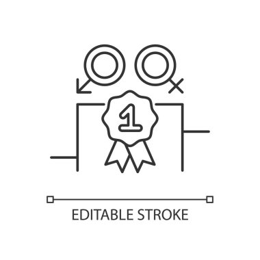 Cinsiyet eşitliği doğrusal simgesi. Eşit ödüllerin tadını çıkar. Cinsiyet eşitliği. Cinsiyet dengeli katılım. İnce çizgi özelleştirilebilir illüstrasyon. Contour sembolü. Vektör izole çizim. Düzenlenebilir vuruş