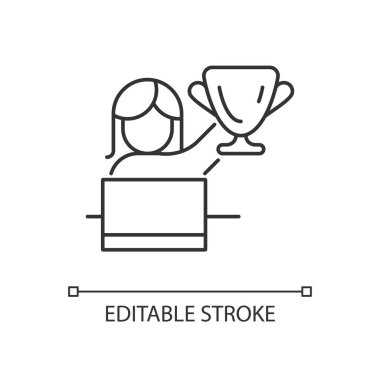 Liderlik rolündeki kadın doğrusal simge. Çekici kadın yeteneği. Kadınların iş başında güçlenmesi. İnce çizgi özelleştirilebilir illüstrasyon. Contour sembolü. Vektör izole çizim. Düzenlenebilir vuruş