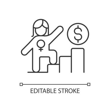 Kadınların çizgisel ikonu için kariyer merdiveni. İş yerinde başarılı bir kadın. Maaşta cinsiyet eşitliği. İnce çizgi özelleştirilebilir illüstrasyon. Contour sembolü. Vektör izole çizim. Düzenlenebilir vuruş