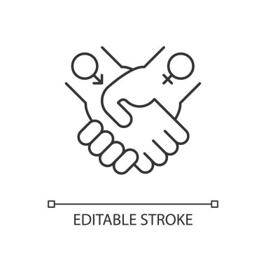 Eşit ilişkiler doğrusal simgesi. Kadınlar ve erkekler arasındaki ortaklık. Cinsiyet eşitliğine ulaşın. İnce çizgi özelleştirilebilir illüstrasyon. Contour sembolü. Vektör izole çizim. Düzenlenebilir vuruş