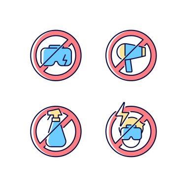 Sanal gerçeklik kulaklık bakım RGB renk etiketi simgeleri ayarlandı. Sanal gerçeklik gözlüğü hijyeni. İzole vektör çizimleri. Ürün kullanım talimatları koleksiyonu için basit çizgi çizimi