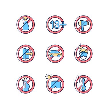 Vr gözlükleri kullanım kısıtlamaları RGB renk etiketi simgeleri ayarlandı. Sanal gerçeklik cihazı. İzole vektör çizimleri. Ürün kullanım talimatları koleksiyonu için basit çizgi çizimi