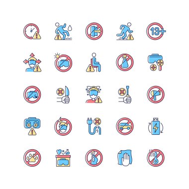 Vr kulaklık RGB renk etiketi simgeleri ayarlandı. Sanal gerçeklik aygıtı kullanma talimatları. İzole vektör çizimleri. Ürün kullanım talimatları koleksiyonu için basit çizgi çizimi