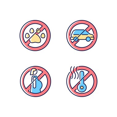 Sanal gerçeklik kask kısıtlaması RGB renk etiketi simgeleri ayarlandı. VR gözlük oyunu çevresi. İzole vektör çizimleri. Ürün kullanım talimatları koleksiyonu için basit çizgi çizimi